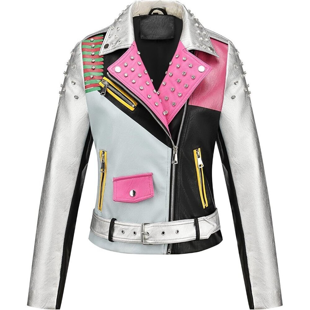 Women's faux leather Motorcycle Multicolor Jacket Zip up stand with Pockets
